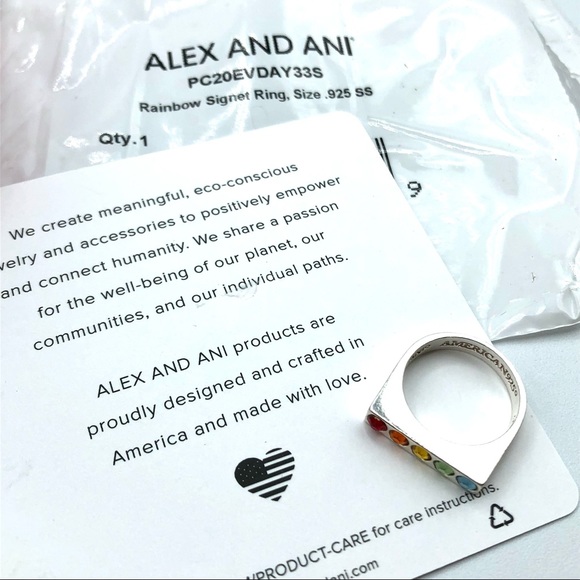 Alex And Ani Sterling Silver Rainbow Crystal Signet Bar Flat Top Rhinestone Ring - Picture 15 of 17